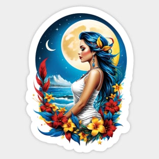 Lunar Elegance: Enchanting Woman Under the Full Moon Sticker